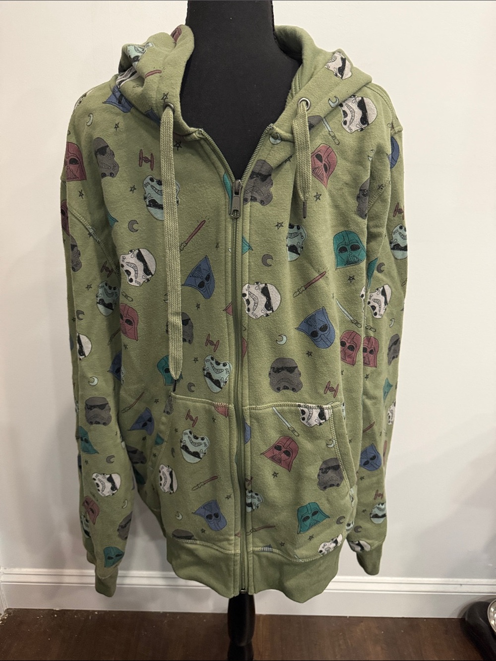 Star Wars Olive Green Zip-Up Hoodie with Multicolor Helmet Print